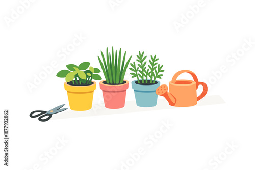 Potted plants and gardening tools with a glowing effect