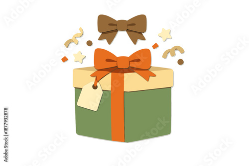 Gift box with bows and confetti against a gradient background