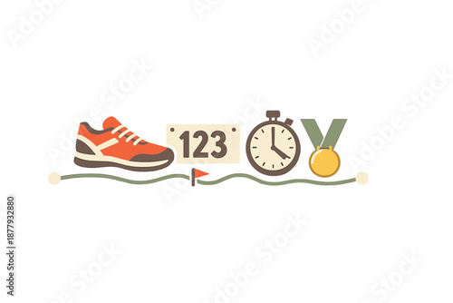Running race icons: shoe, bib, stopwatch, and medal