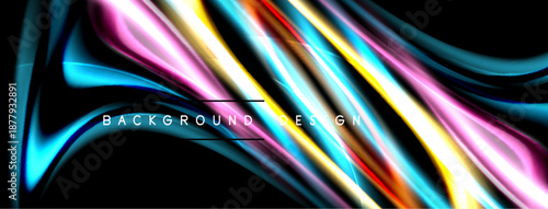 Abstract colorful waves, dynamic flow, modern design. Bright gradients create visual interest against dark backdrop. Smooth curves suggest movement.