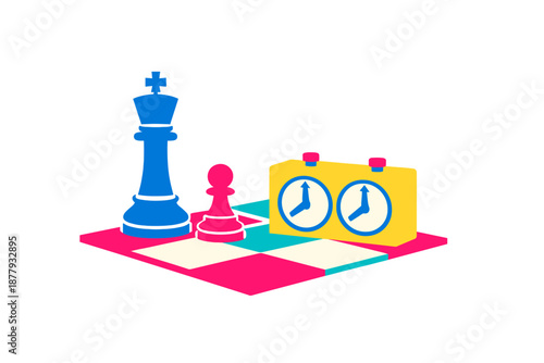 Chess pieces and timer on a glowing chessboard