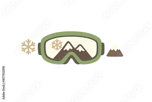 Ski goggles with mountain and snowflake reflection on gray background