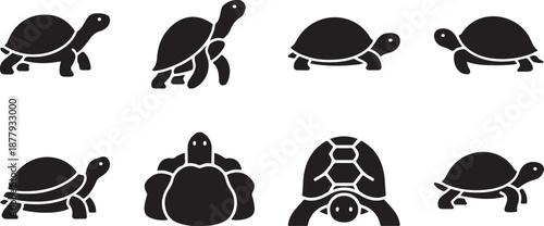 Collection of black turtle icons on a white background