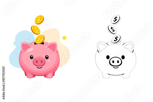 Color and Black and White Piggy Bank with Falling Coins