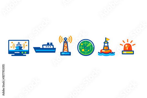 Nautical navigation icons with glowing effect on dark background