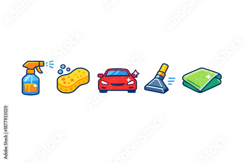 Car wash icons: spray bottle, sponge, car, squeegee, microfiber cloth