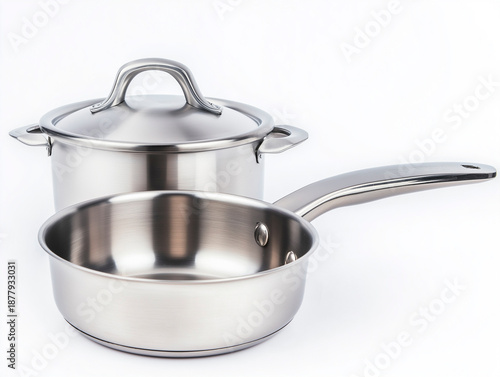 Professional stainless steel sauce pan and cooking pot with lid isolated on solid white background