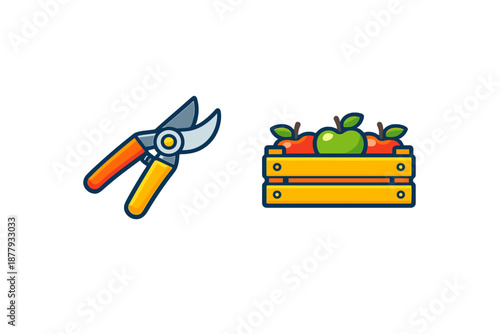 Gardening Pruning Shears and Crate of Apples Icons