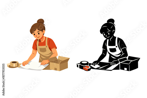 Contrasting portrayals of a person packaging item