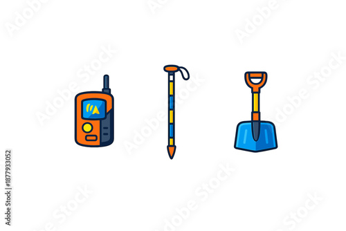 Outdoor adventure equipment: radio, trekking pole, shovel icons
