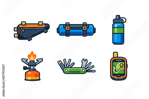 Set of outdoor adventure and camping gear icons