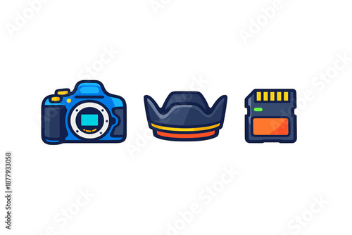 Digital camera, lens hood, and SD card icons on black background