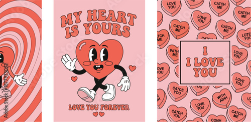 Retro Valentine's Day Heart Illustrations with Love Messages and Candy Hearts