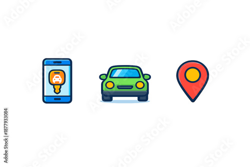 Car rental app, car, and location pin icons