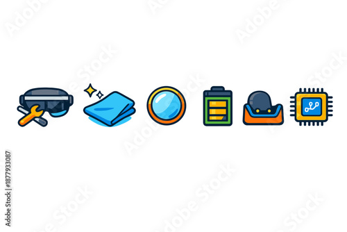 Set of tech icons: VR headset, cloth, lens, battery, headset stand