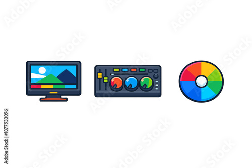 Digital editing icons: monitor, mixer, color wheel