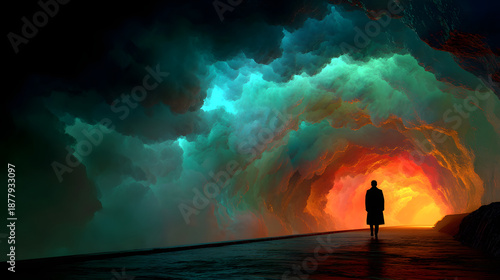 A silhouette of a person walking towards a colorful tunnel of light, symbolizing journey, hope, and self-discovery.