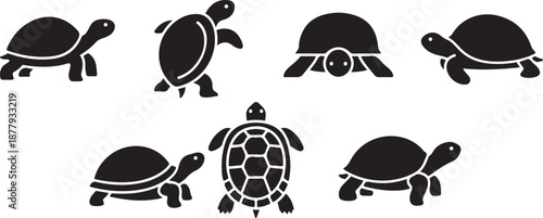 Collection of stylized black turtle icons in various poses