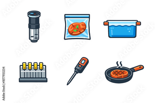 Cooking Icons Set: Sous Vide, Thermometer, Grilling Steak
