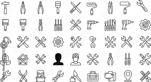 Set of 30 Black and White Line Tool Icons Featuring Construction, Repair, Maintenance, Hardware, Workshop Equipment, and Project Management Symbols