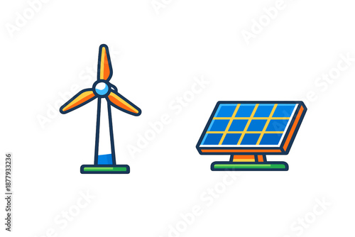 Wind turbine and solar panel icons on dark background