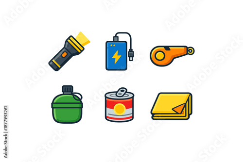 Survival Gear Icons: Flashlight, Power Bank, Whistle, Canteen, Canned