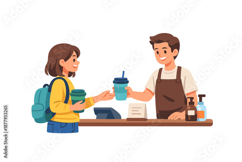 Barista serving coffee to a student customer at counter