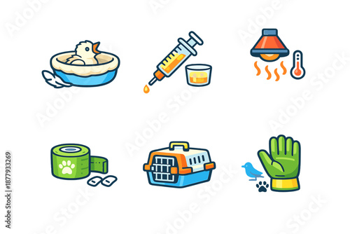 Cute cartoon icons for pet care and veterinary clinic