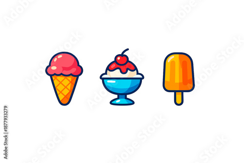 Three cartoon ice cream illustrations on a dark background