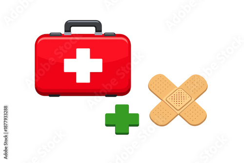 First aid kit, plus sign and bandages with glowing effect