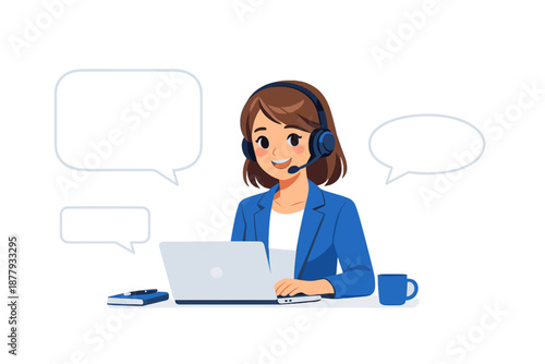 Customer service representative working on laptop with speech bubbles