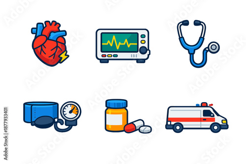 Medical icons set: heart, monitor, stethoscope, blood pressure