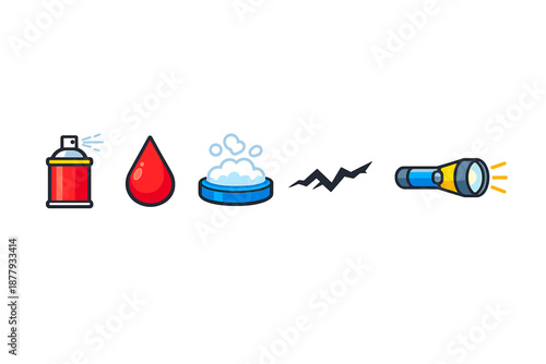 Icons: spray can, blood drop, bubble bath, lightning bolt, flashlight
