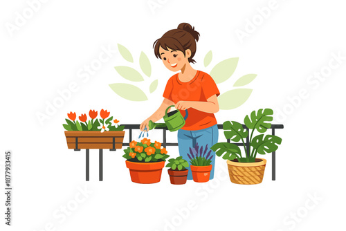 Young woman watering potted plants on a balcony