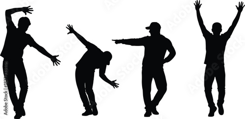Active men jumping and dancing silhouettes set, happy young males in energetic poses, celebration and success icons, dynamic human movement vector illustration,