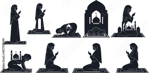 Muslim woman prayer postures with mosque background, Islamic worship sequence, cad drawing flat vector illustration, spiritual devotion, religious ritual, silhouette art