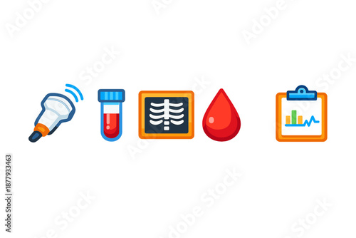 Medical icons: ultrasound, blood test, x-ray, blood drop, chart