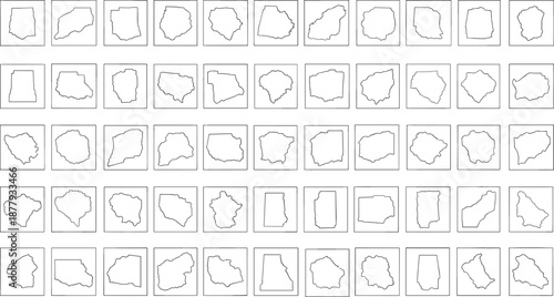 Fictional U.S. state outlines with altered names, representing creative geography, educational puzzles, and visual recognition for learning and entertainment