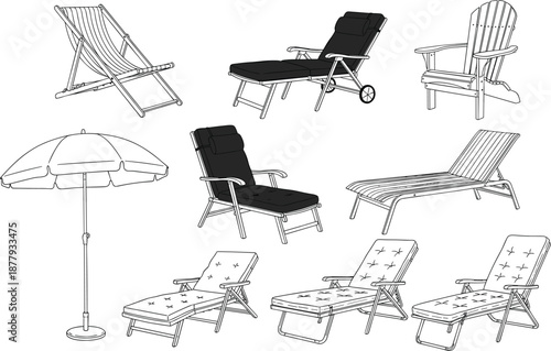 Outdoor lounge chairs with umbrella collection, patio furniture set, relaxation design, cad drawing flat vector illustration, garden seating, summer comfort