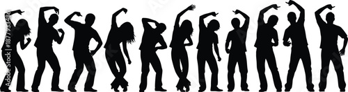 Active people dancing and jumping silhouettes set, young men and women in energetic poses, celebration and success icons, dynamic human movement vector,