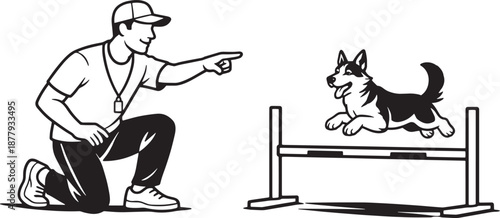 Dog Agility Training with Professional Trainer – Black and White Vector Illustration