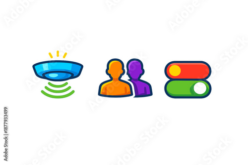 Smart home icons: sensor, users, and toggle switches