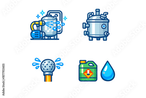 Set of icons for industrial cleaning and fluid handling