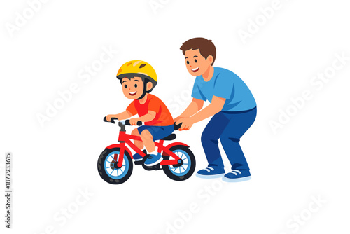 Father teaching son to ride a bicycle