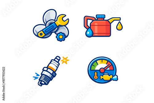 Automotive service icons with neon glow on black background