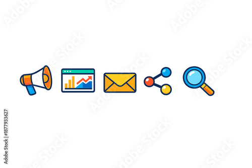 Digital marketing icons on a dark gradient background