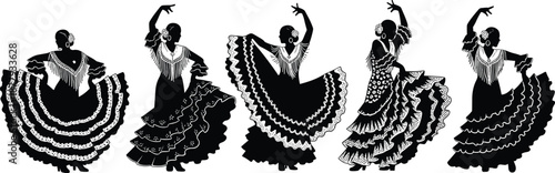 Artistic gymnastics silhouettes collection, female athletes performing handstands, splits, and acrobatic poses, professional sport vector set for fitness and athletic training content