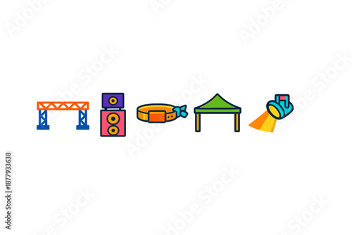 Festival and event elements: stage, speakers, tent, and spotlight