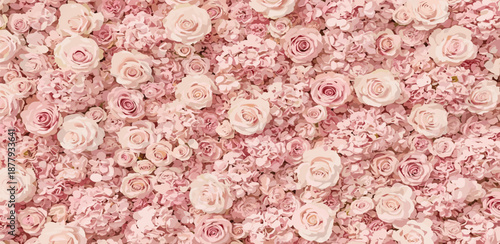 A stunning close-up of a densely packed wall adorned with a profusion of delicate pink roses and hydrangeas, showcasing their soft petals and intricate textures