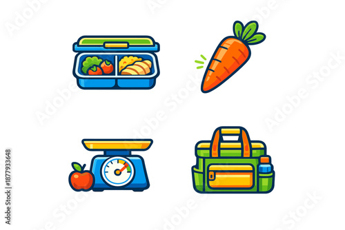 Healthy food icons: lunchbox, carrot, scale and gym bag